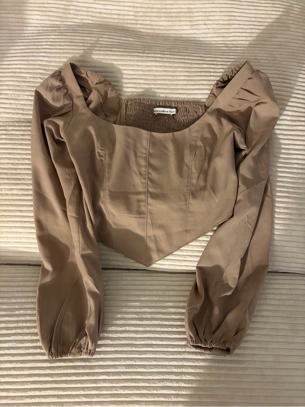 Abercrombie & Fitch Taupe Puff-Sleeve Cropped Square-Neck Top